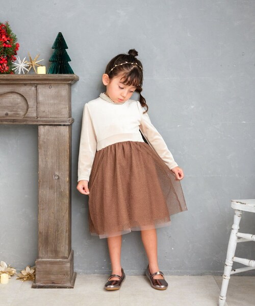 Rora ワンピース 通販 セリーナ ドッキングワンピース 子供服 ワンピ 長袖 フォーマルワンピース パール リボン 女の子 キッズ 子供 こども 子ども 結婚式 パーティー 入園 卒園 入学 おし_2