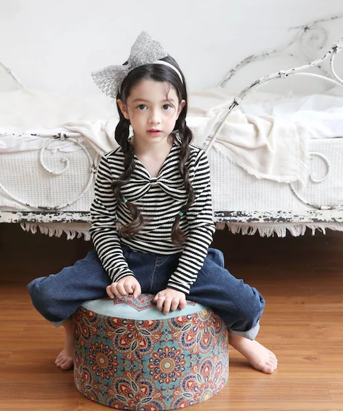 女の子 キッズ 長袖 Tシャツ 通販 ロンT 53062202 長袖Tシャツ カットソー リボン ボーダー おしゃれ かわいい オシャレ 可愛い カジュアル 秋 冬 秋冬 こども 女子 小学生 トップ_1