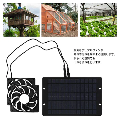 ソーラーファン 換気扇 2個 キット 10W ソーラーパネル 太陽光発電 屋外用 排気 換気 空気循環 簡単設置 鶏小屋 温室 車内 キャンピングカー 熱中症対策 省エネ_4