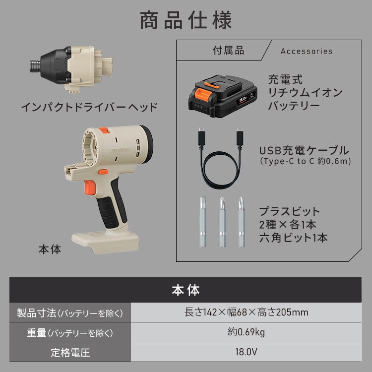 マルチギア 充電式インパクトドライバーセット 18V JM18INS サンド