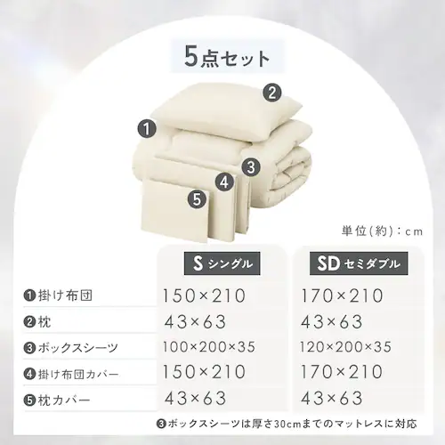 ベッド用布団5点セット S KFS-B5S ホワイト_18