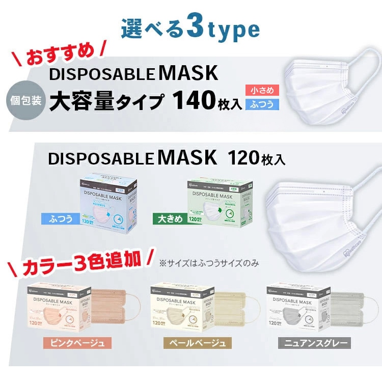 ≪11％OFF≫【120枚】 DISPOSABLE マスク ふつうサイズ ペールベージュ
