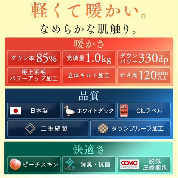 羽毛布団 シングルロング ホワイトダックダウン85％ 1.0kg 無地/ベージュ【プラザセレクト】 7172657  │アイリスプラザ│アイリスオーヤマ公式通販サイト