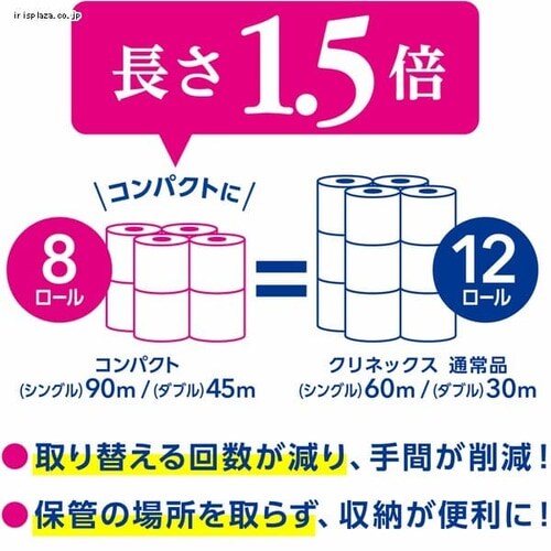 【8個セット】日本製紙クレシア クリネックス 1.5倍巻き コンパクト トイレット8ロール 45mダブル 【プラザセレクト】
