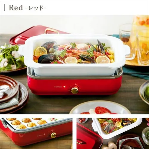 ホットプレート 着脱式 2枚 温度調節 PHP-1002TC-R レッド (深鍋/たこ焼き)_2