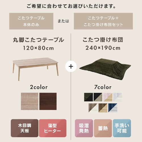 こたつ 本体 120×80㎝ 長方形 丸脚デザイン 木目調 ブラウン 7259242