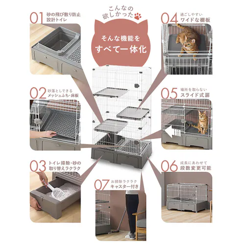 トイレ一体型キャットケージ3段(猫砂スコップ付き)モカ MB273 _2