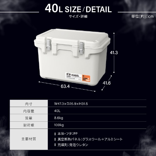 ☆保冷剤セット☆ クーラーボックス HUGEL 40L 約13.3日保冷 6面