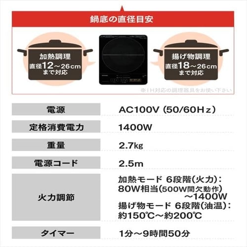 IHコンロ 1口 1400W 薄型 IHC-T43-B ブラック H572264 IHコンロ 1口 1400W 薄型 IHC-T43-B ブラック H572264