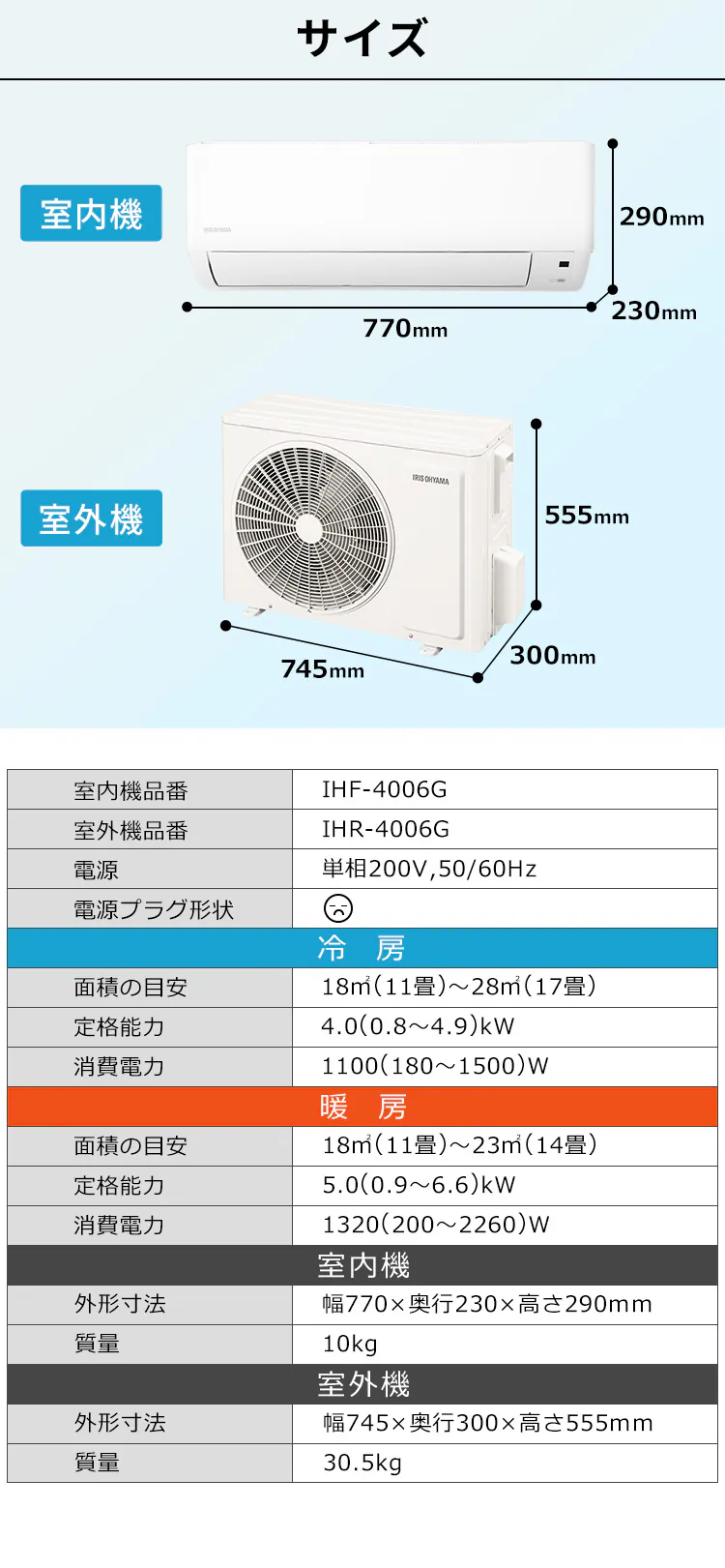 エアコン 14畳 4.0kw 200V対応 IHF-4006G3