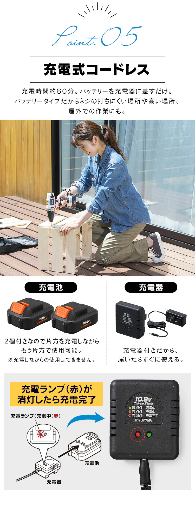 電動ドライバー 10.8V 充電式 バッテリー2個セット ソフトケース付 JCD28-C5