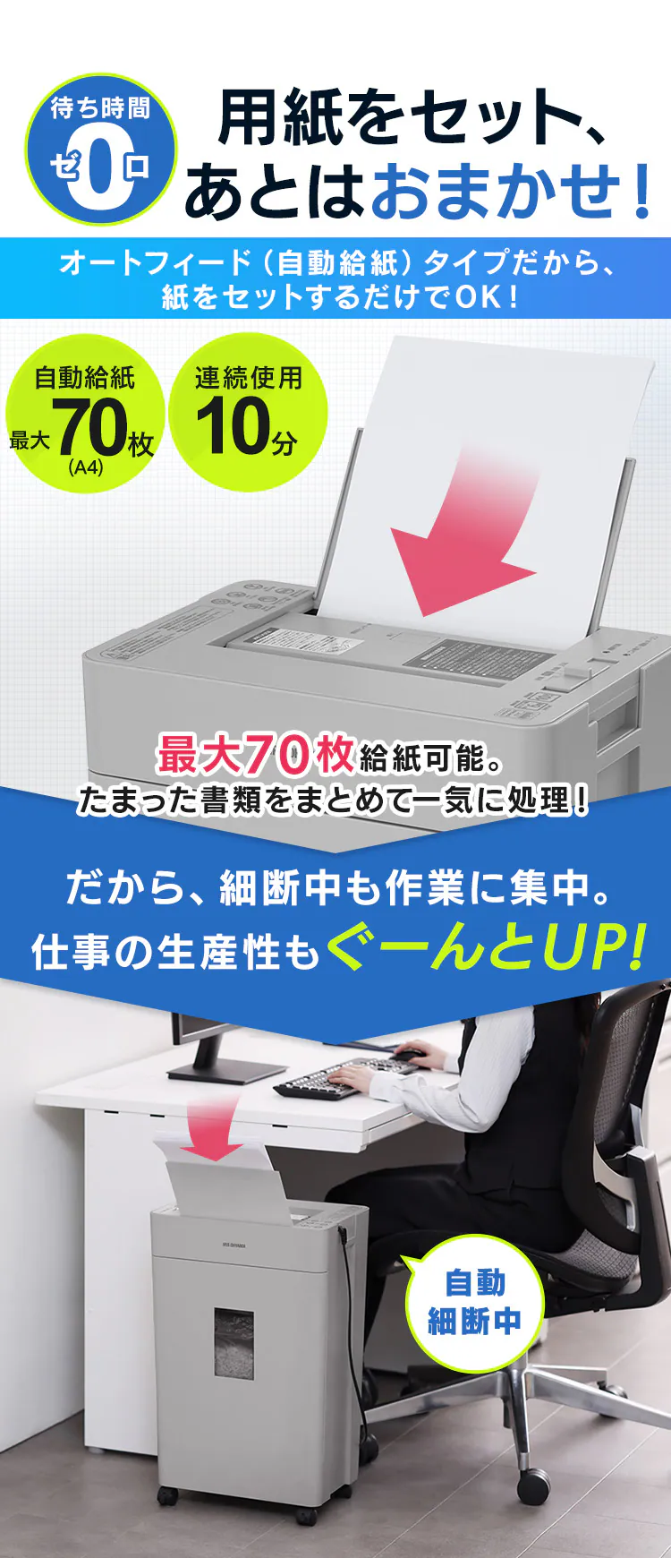 省スペースに使えるコンパクトサイズ 70枚を自動極小細断 オートフィードシュレッダー 大容量22L