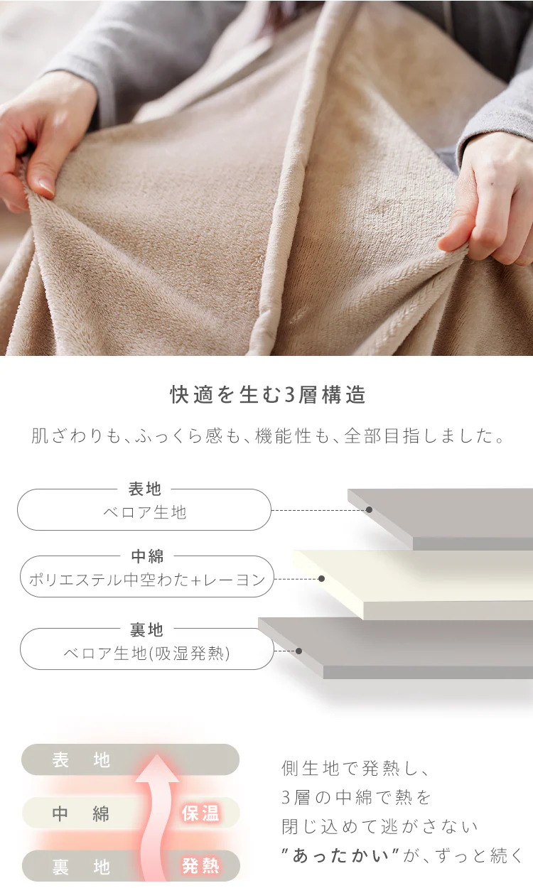 毛布 シングル 2枚合わせ 吸湿発熱 抗菌防臭 ベージュ 2