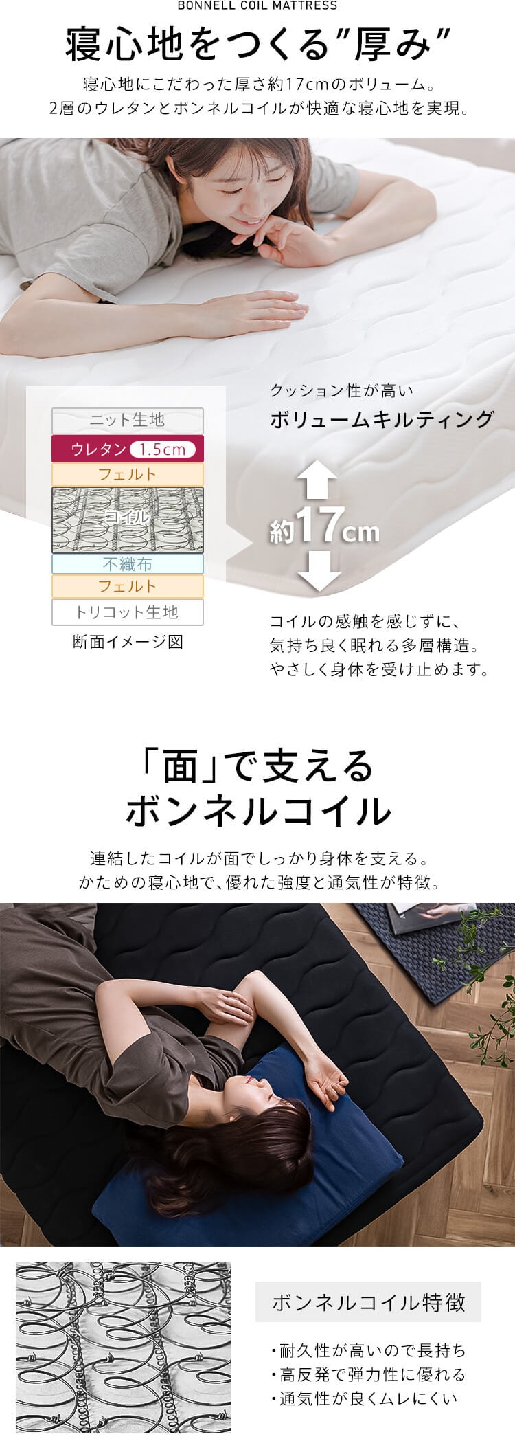 ベッド シングル 脚付きマットレス ボンネルコイル 厚さ17cm BAM-S ブラック1