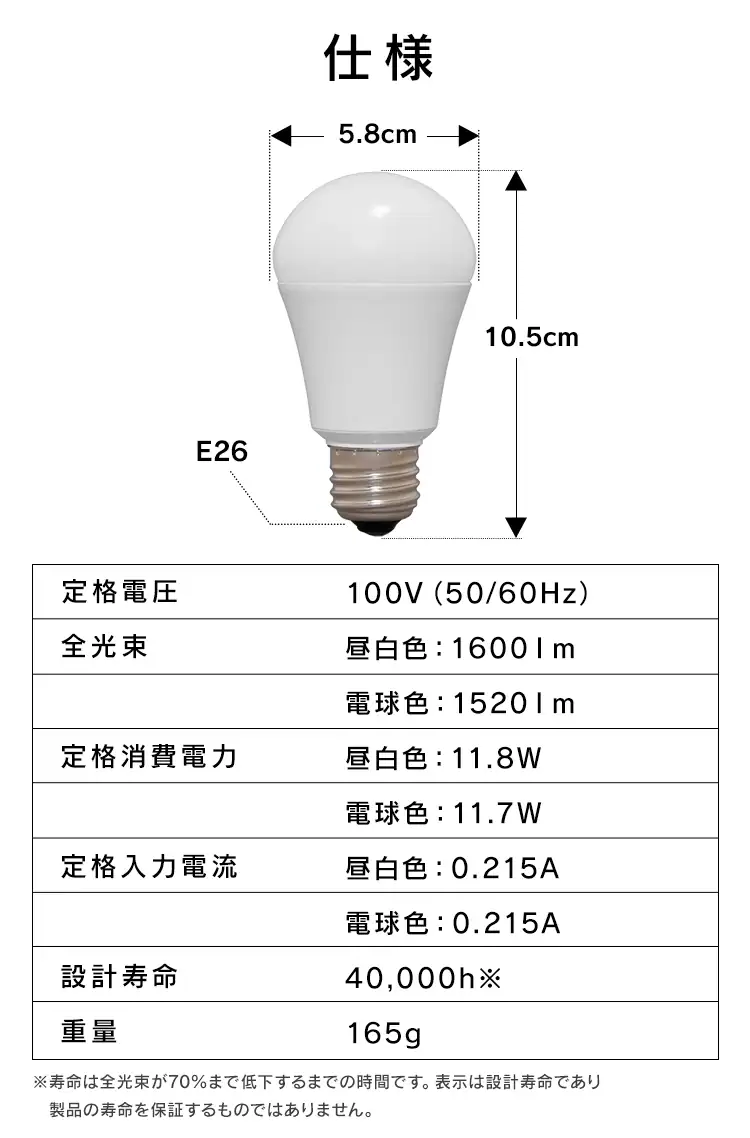 LED電球 E26口金 広配光タイプ 100W形相当 密閉形器具対応 断熱材施工器具対応 (昼白色・電球色)7