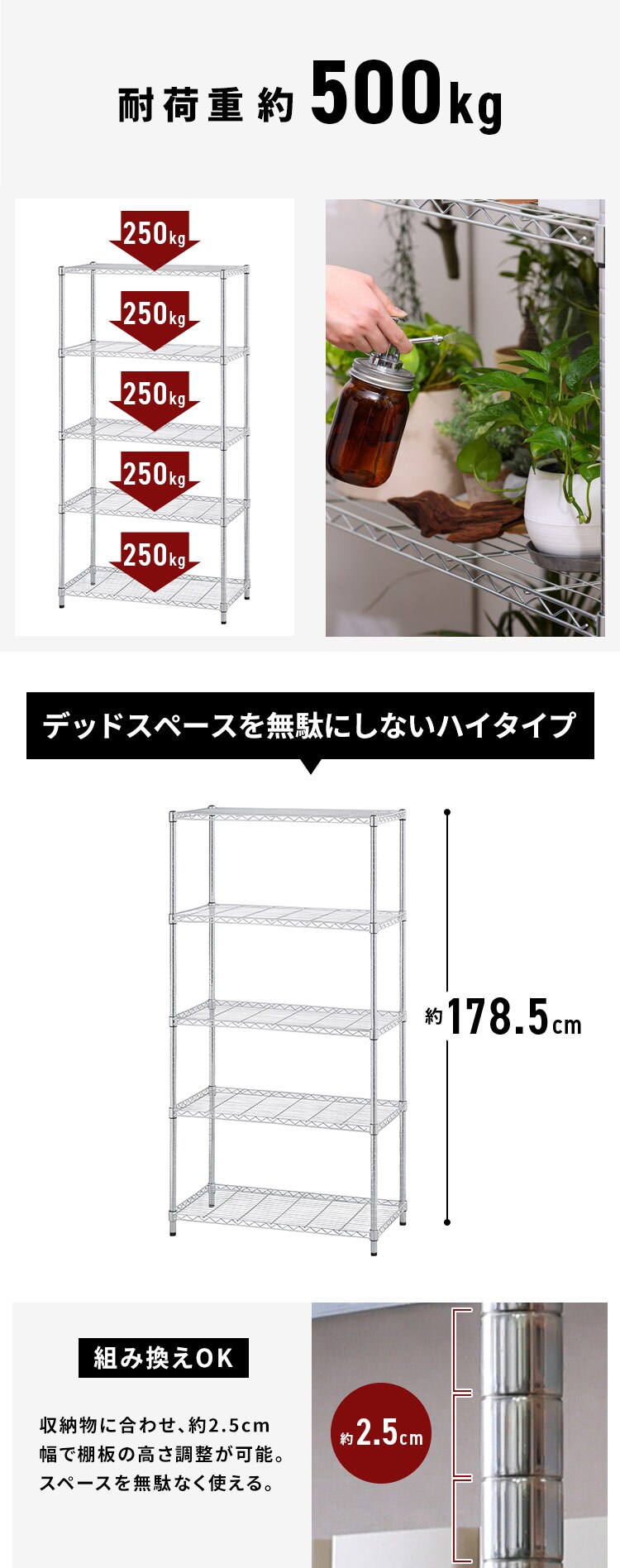 【訳あり】スチールラック 幅91cm メタルラック シンプル 5段 SMR-9018J シルバー (ポール直径25mm・棚板5枚)4