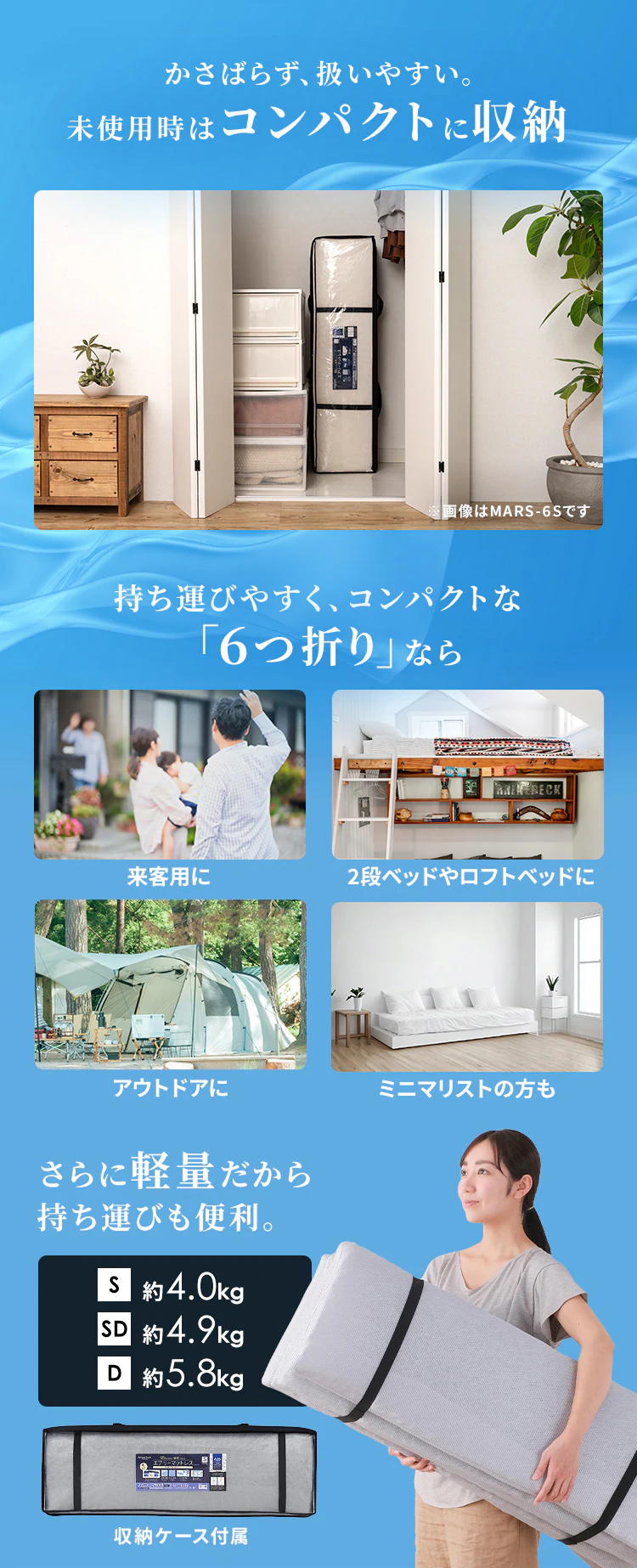 マットレス セミダブル エアリーマットレス 腰部硬め 丸ごと洗える 抗菌防臭 六つ折り 厚さ5? MARS-C6SD グレー9