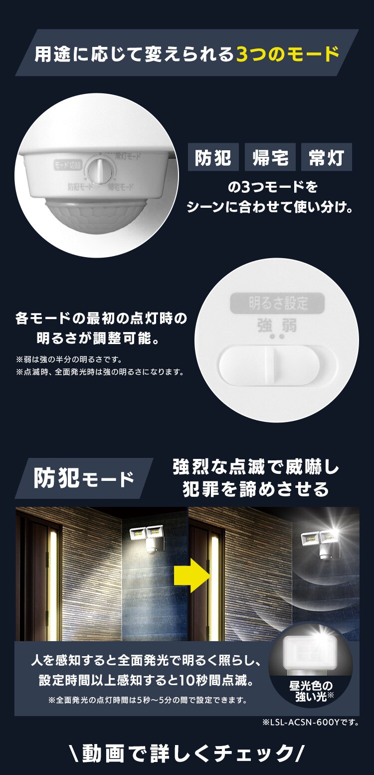 AC式LED防犯センサーライト パールホワイト LSL-ACTN-12003