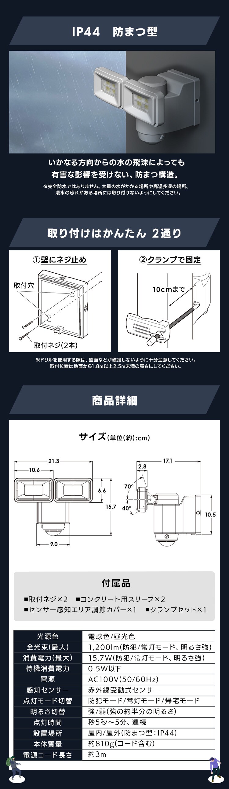 AC式LED防犯センサーライト パールホワイト LSL-ACTN-12007