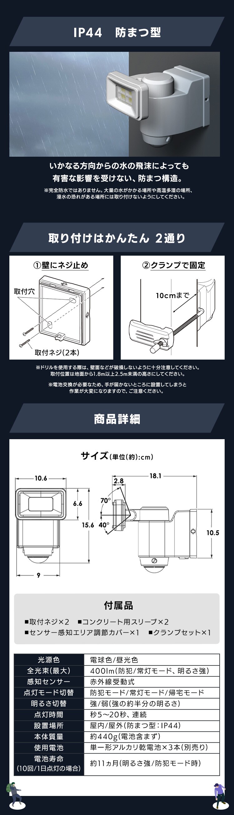 乾電池式LED防犯センサーライト パールホワイト LSL-B1SN-4008