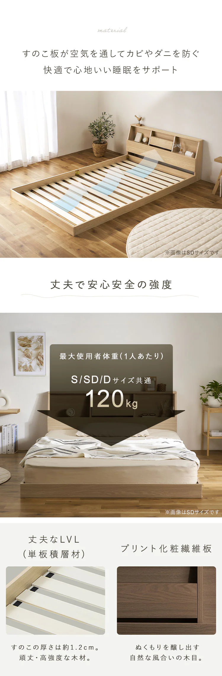 【マットレスセット】ベッド ダブル ロータイプ 棚付き コンセント ナチュラル + ポケットコイル ブラック7