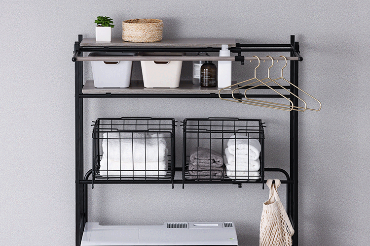 【1,000円OFFクーポン】ランドリーラック 伸縮タイプ ハンガーバー/バスケット付き BSSL-860R ブラック4