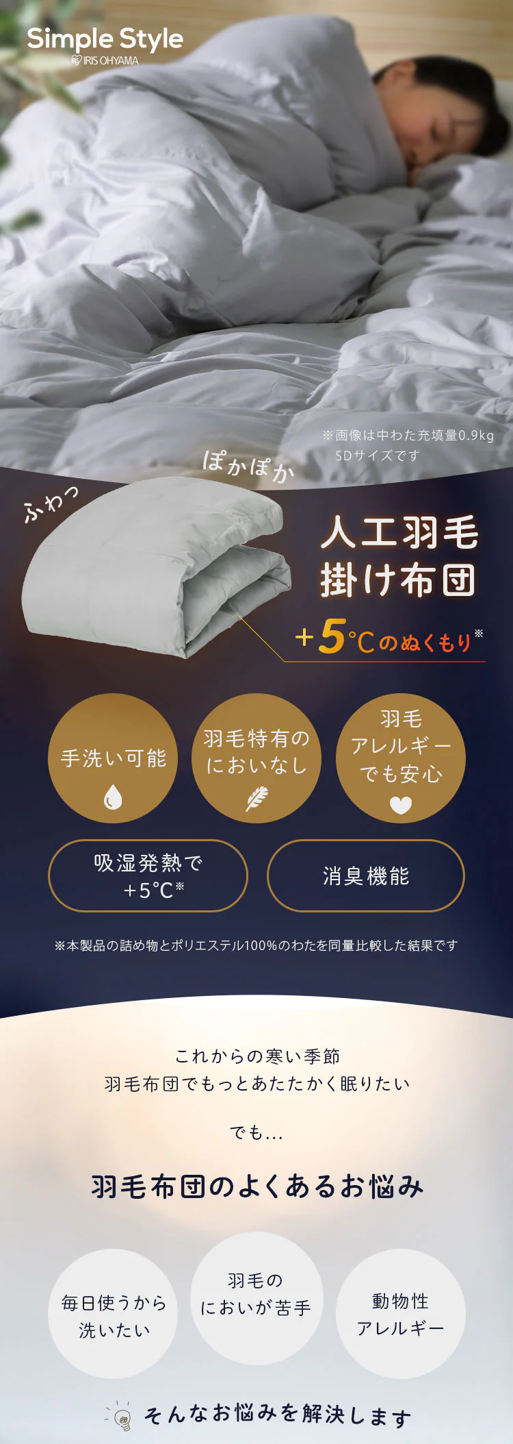 人工羽毛布団 吸湿発熱 S/SD/D0
