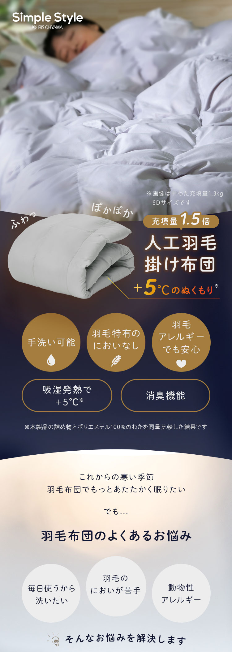 Amazon｜SCTX 羽毛布団 厚手 吸湿速乾 紺v 洗いざらしの綿100