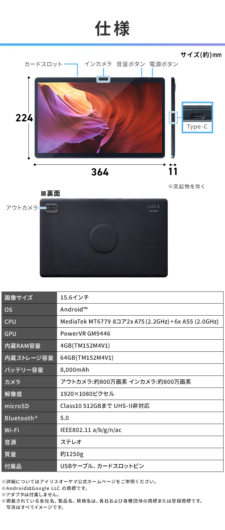 タブレット 15.6インチ 64GB メインメモリ4GB 8コア LUCA TM152M4V1-B ブラック 保護フィルム+タブレットケースセット5