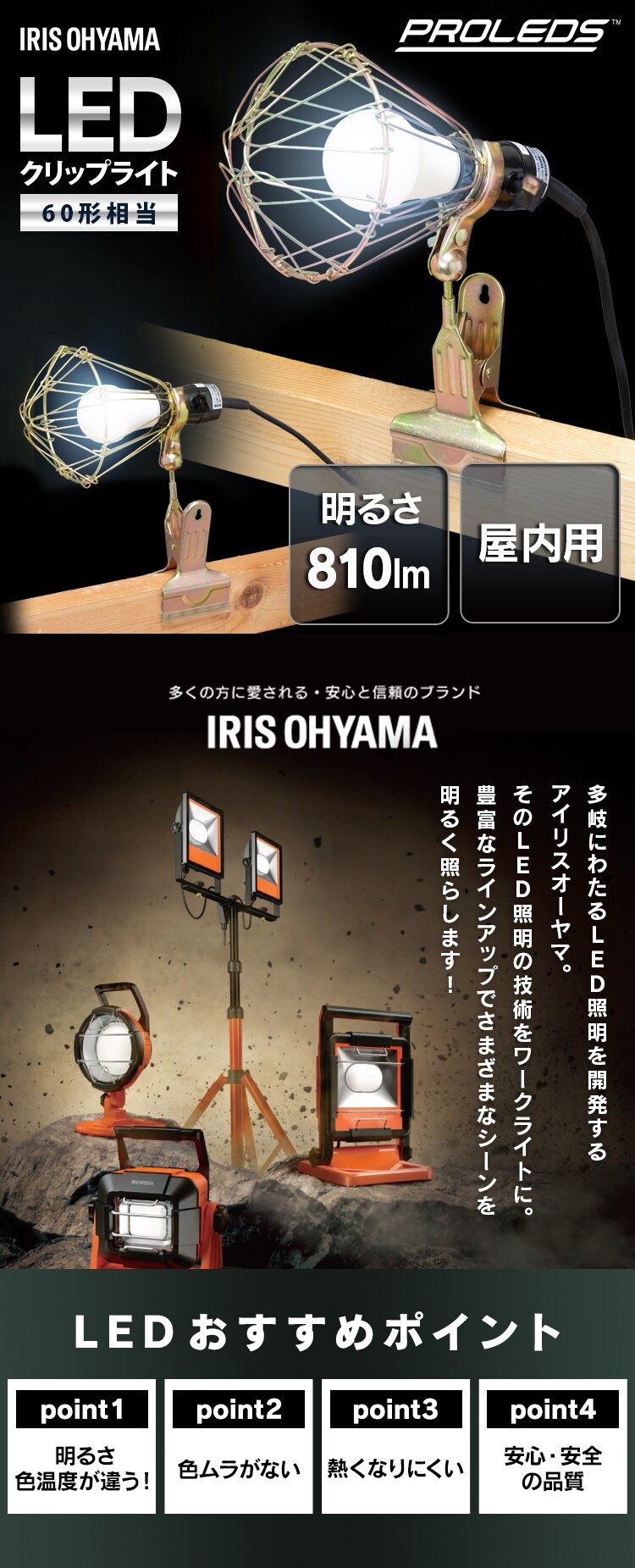 ワークライト LED クリップライト 屋内用 作業灯 作業用 810lm ILW-8GC40