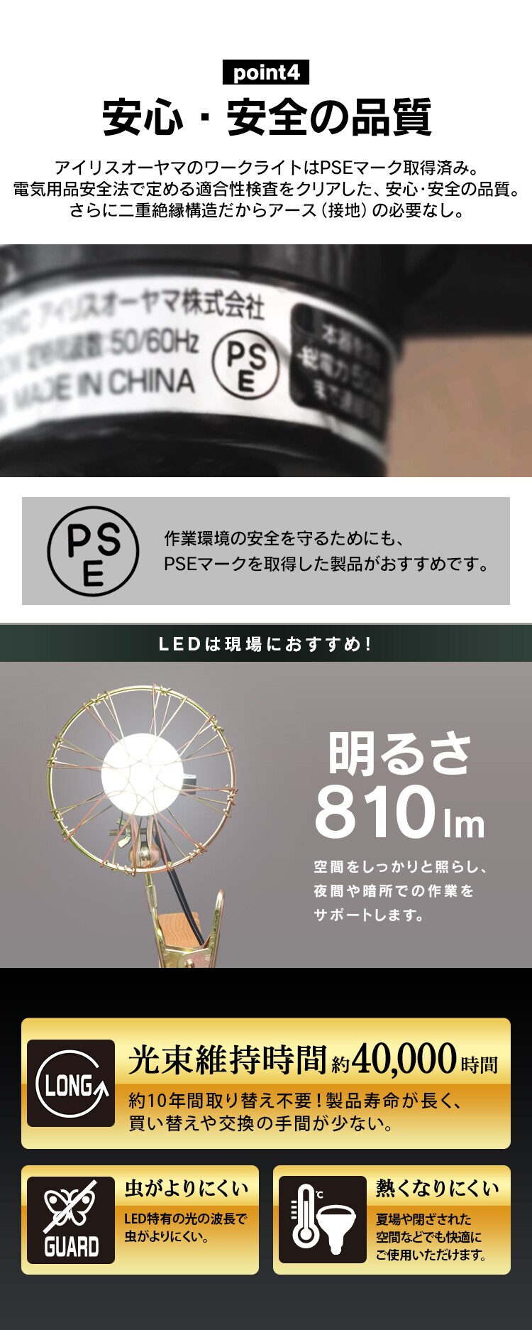 ワークライト LED クリップライト 屋内用 作業灯 作業用 810lm ILW-8GC42