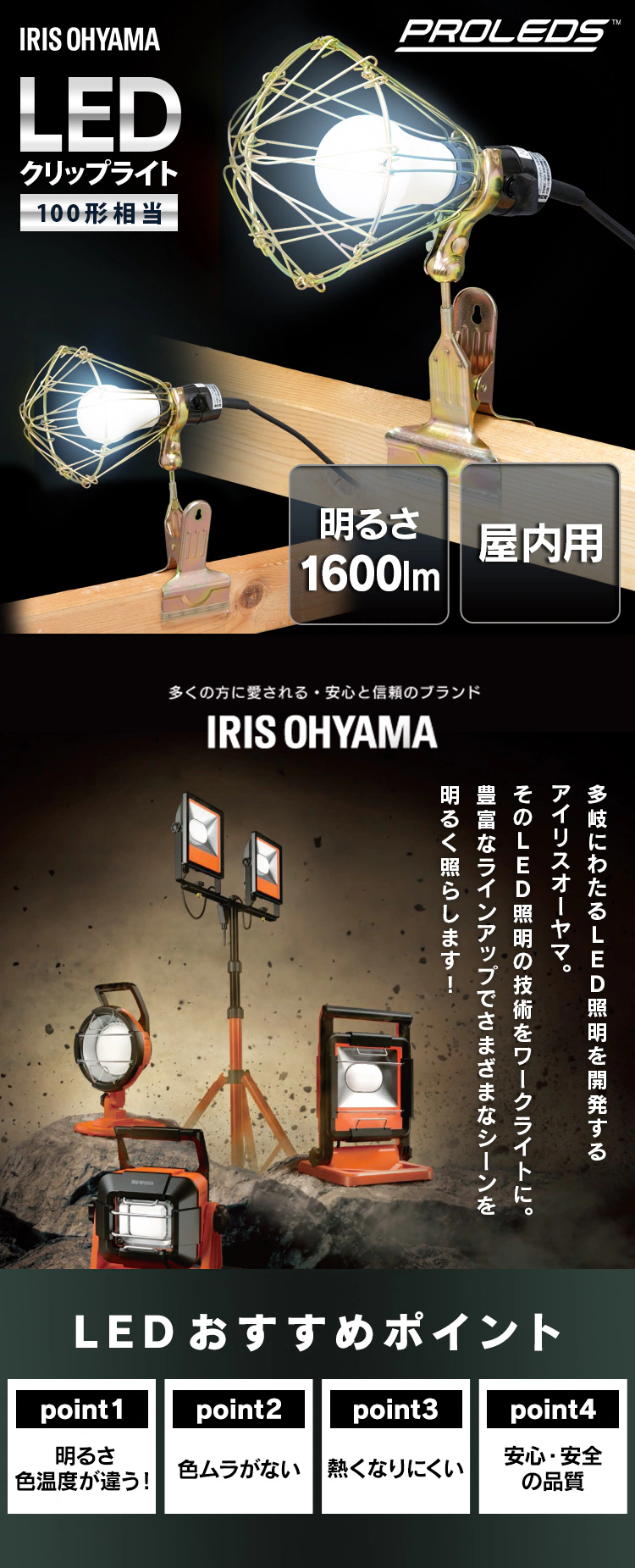 ワークライト LED クリップライト 屋内用 作業灯 作業用 1600lm ILW-16GC40