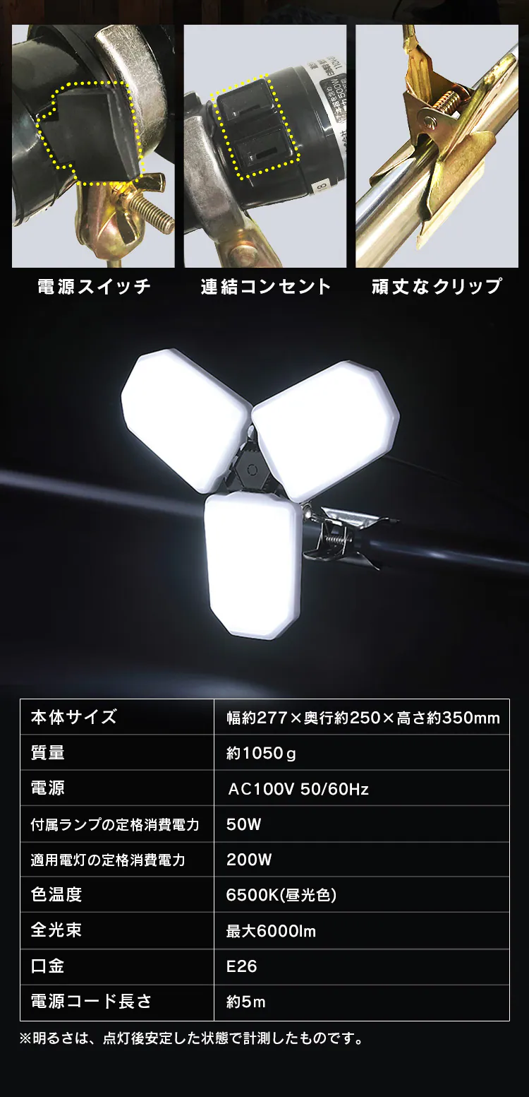 ワークライト LED 配光可変型 クリップライト 屋内用 作業灯 作業用 6000lm ILW-60GWC3