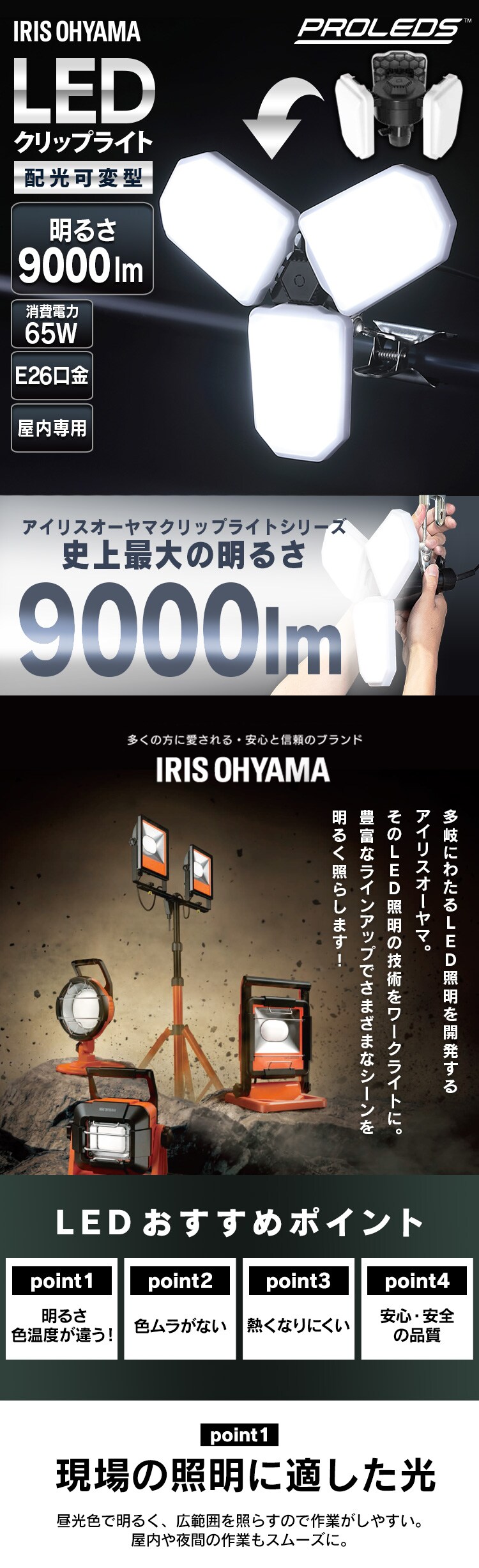 ワークライト LED 配光可変型 クリップライト 屋内用 作業灯 作業用 9000lm ILW-90GWC0