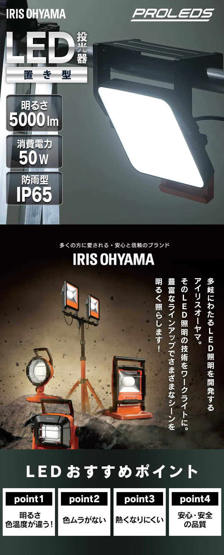 ワークライト LED 置き型 投光器 AC式 作業灯 作業用 5000lm LWT-5000BAH20