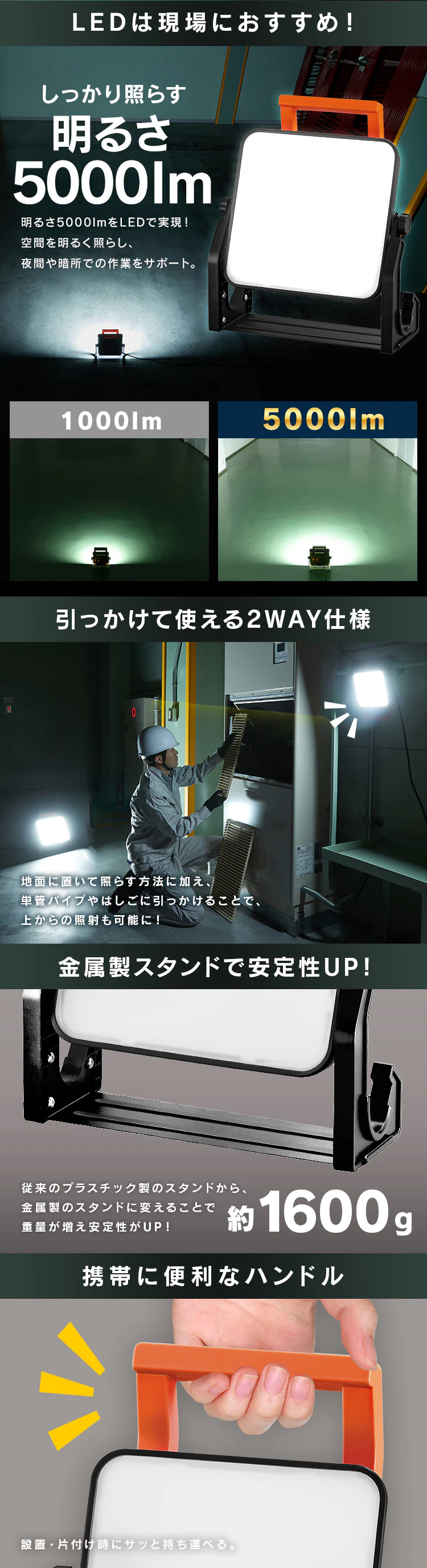 ワークライト LED 置き型 投光器 AC式 作業灯 作業用 5000lm LWT-5000BAH22