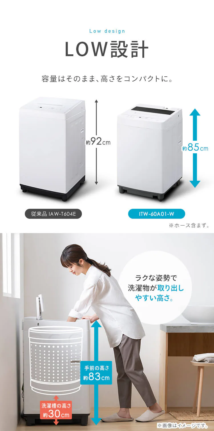 洗濯機 6kg ガチ落ち大水流洗浄 節水 ラクとれLOW設計 一人暮らし ITW-60A01 全2色4