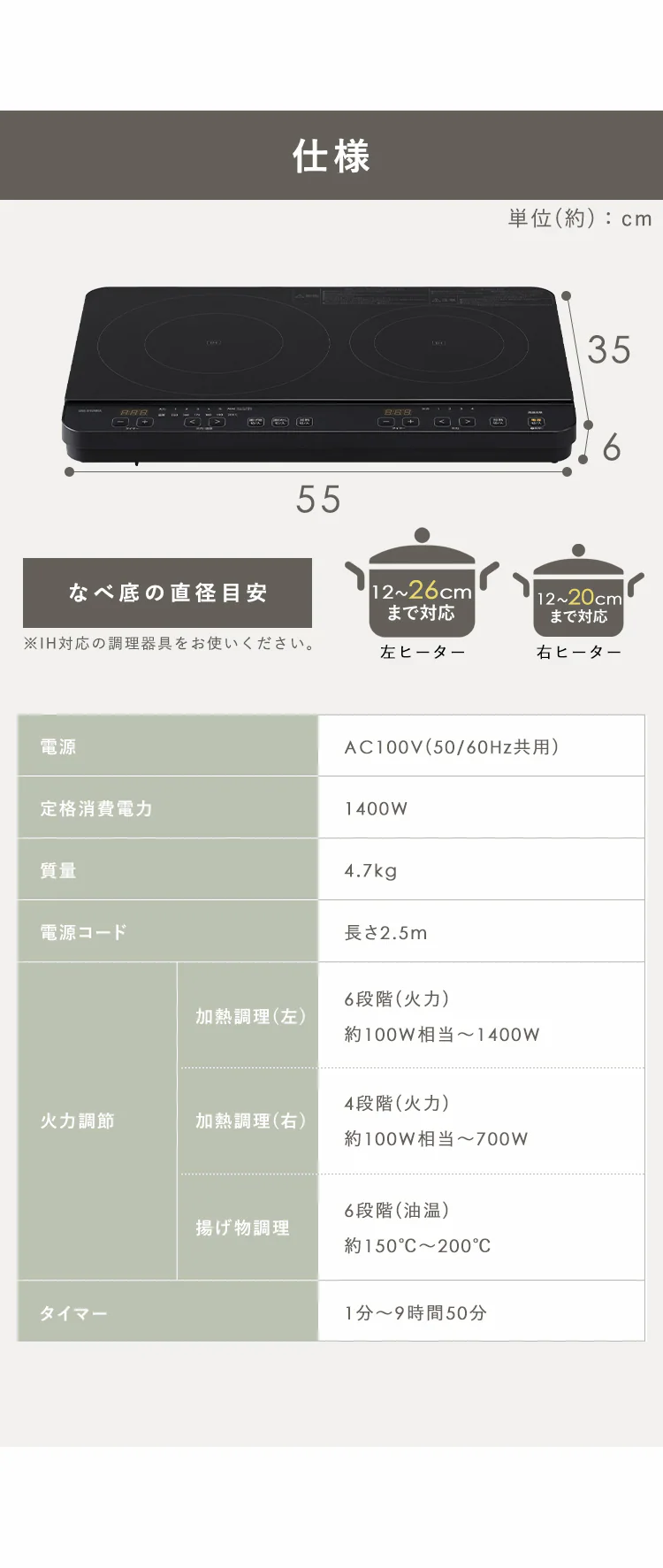 IHコンロ 2口 1400W IHK-WT41-B ブラック7