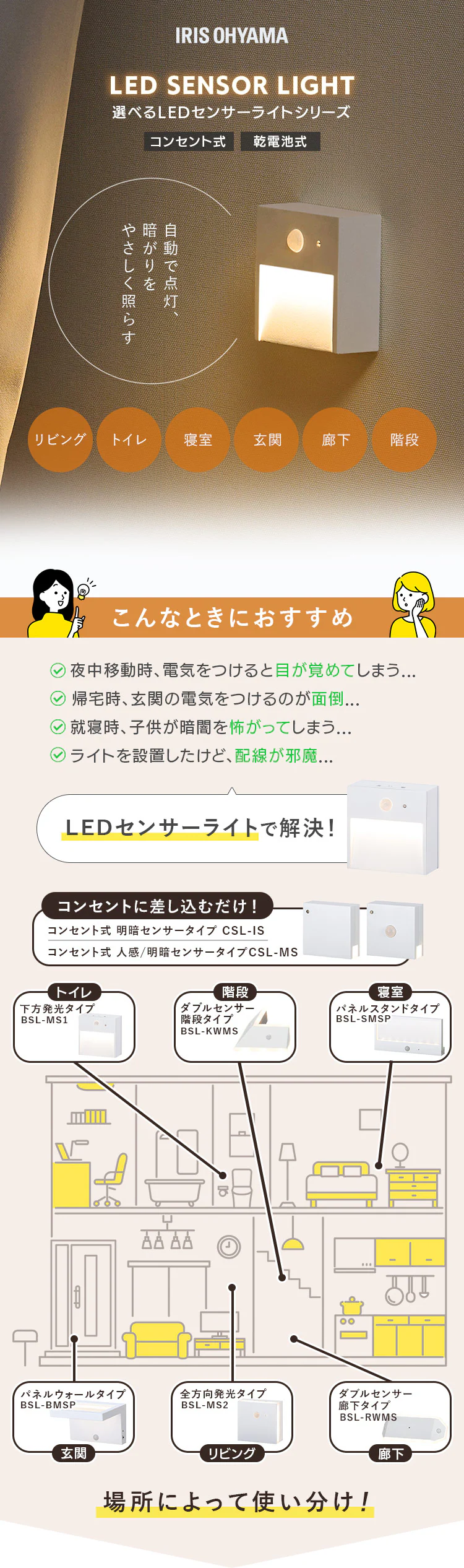 LED センサーライト 乾電池式 W人感センサー 階段タイプ BSL-KWMS0