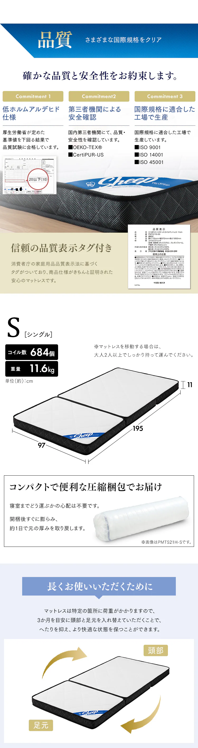 マットレス シングル 三つ折り ミニポケットコイル 厚さ11? リバーシブル PMTS11S-3S Sheep11
