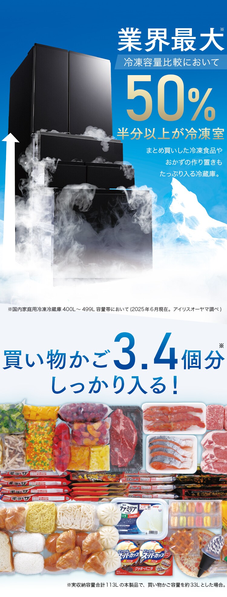 【設置無料】 冷蔵庫 439L 自動霜取り 大容量冷凍室223L 大凍量 幅68.5cm IRSN-HF44A-B ブラック【代引き不可】1