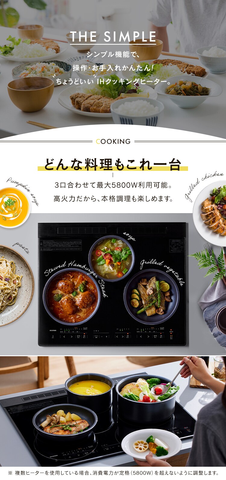 IHクッキングヒーター 3口 5800W IHコンロ 一人暮らし IH調理器 3口IHコンロ 200V ビルトインIH 3口グリルレスタイプ IHC-B3201GL-B ブラック1