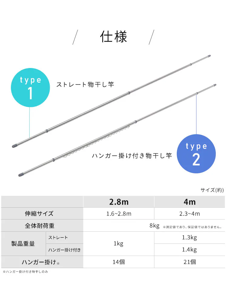 【2本セット】 物干し竿 ステンレス 分割可能 伸縮/ジョイント ハンガー掛け 2.8m SU-280CH5