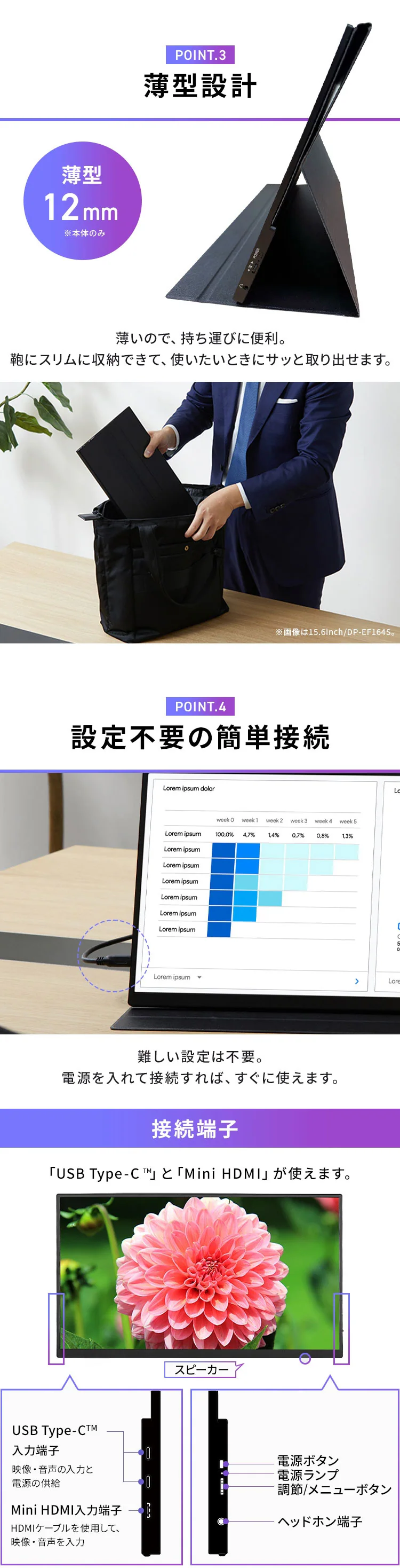 ポータブルモニター 18.5インチ FHD LUCA DP-EF184S-B ブラック4