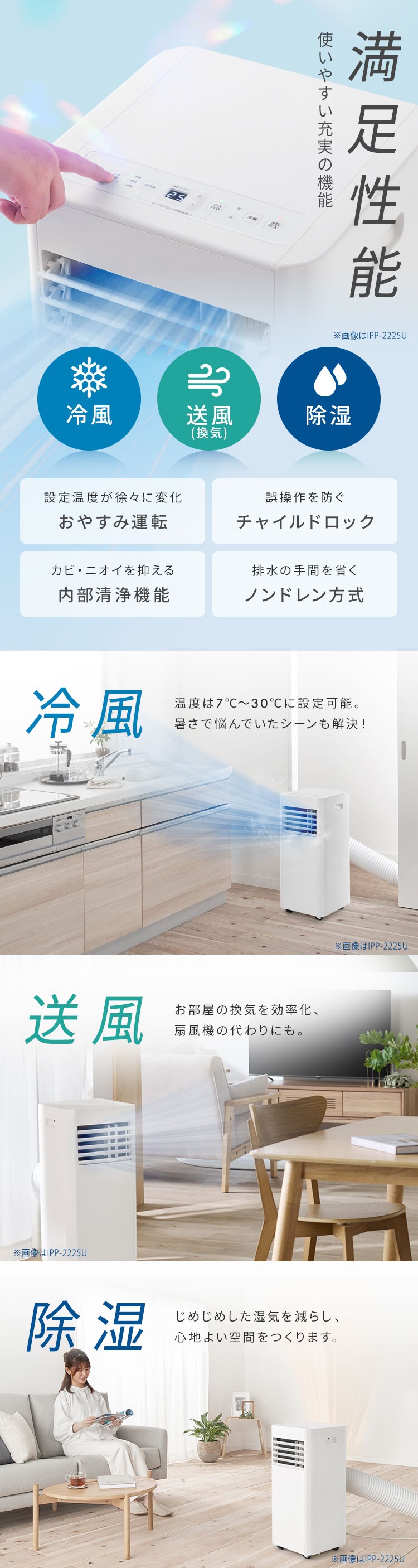 ポータブルクーラー 4.5~7畳 工事不要 冷風 送風 除湿 2.2kw IPP-2225U ホワイト8