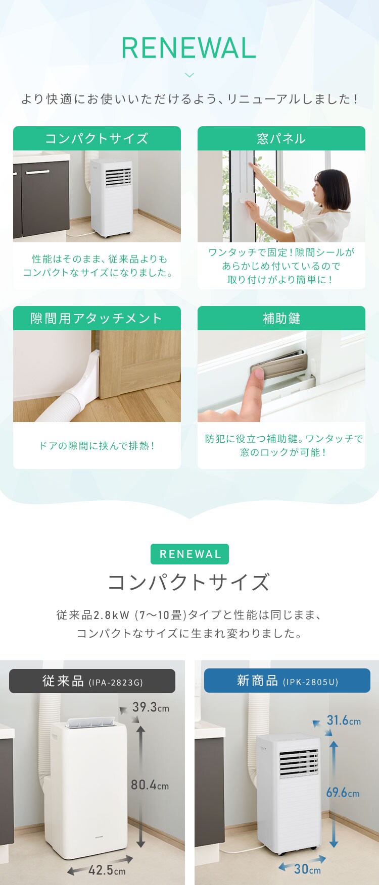 ポータブルクーラー 7~10畳 工事不要 冷風 送風 除湿 ハイパワーモデル アタッチメント付き 2.8kw IPK-2805U ホワイト2