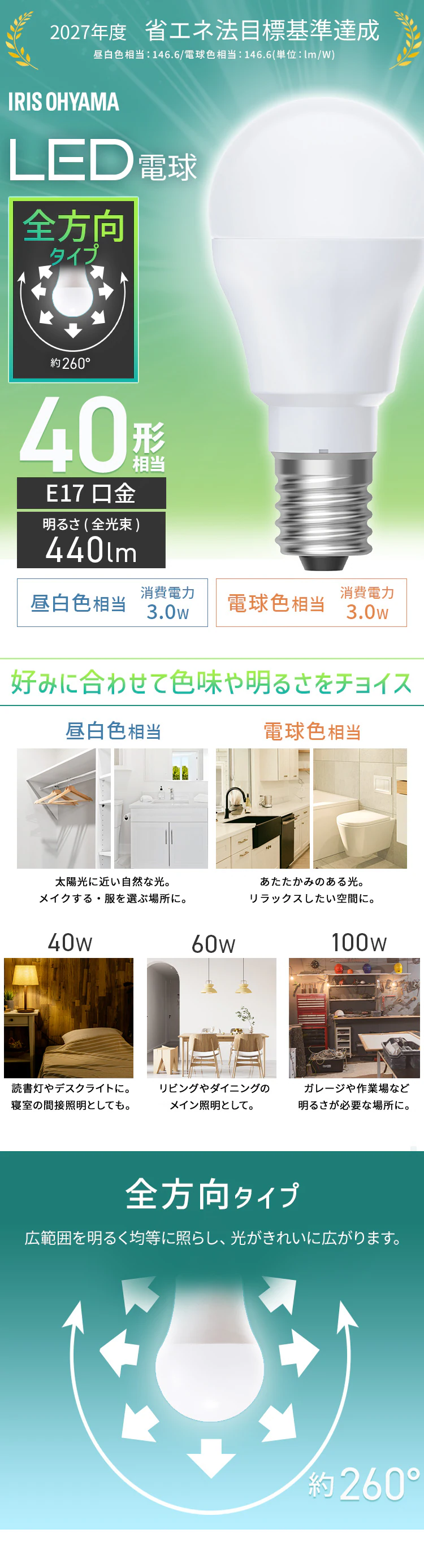 LED電球 E17 全方向 40形相当 昼白色 2個セット LDA3N-G-E17/W-4T92P 1