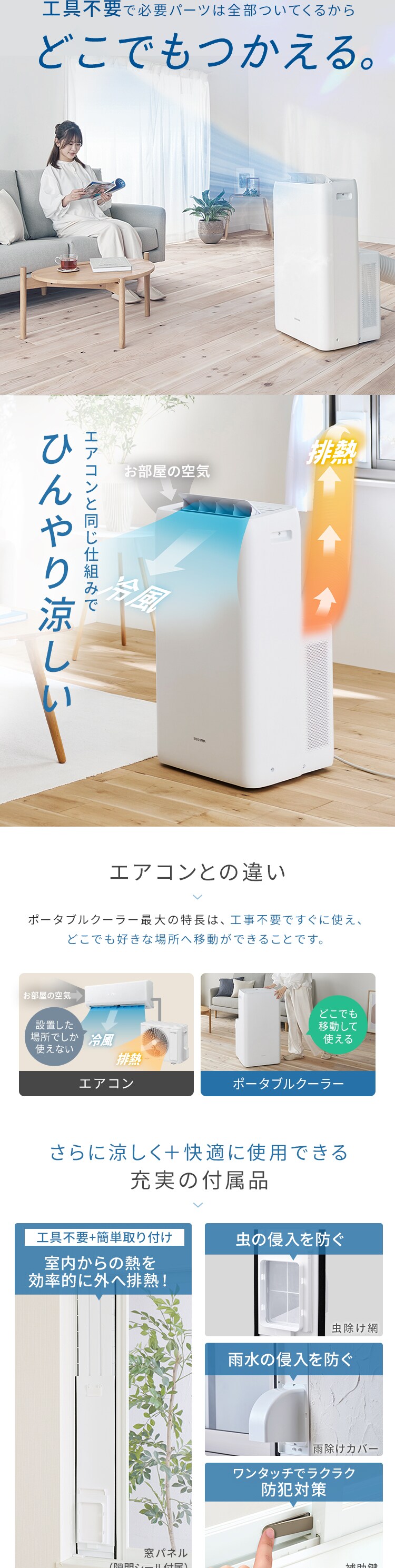 ポータブルクーラー 8~12畳 工事不要 冷風 送風 除湿 3.5kw IPA-3525G ホワイト1