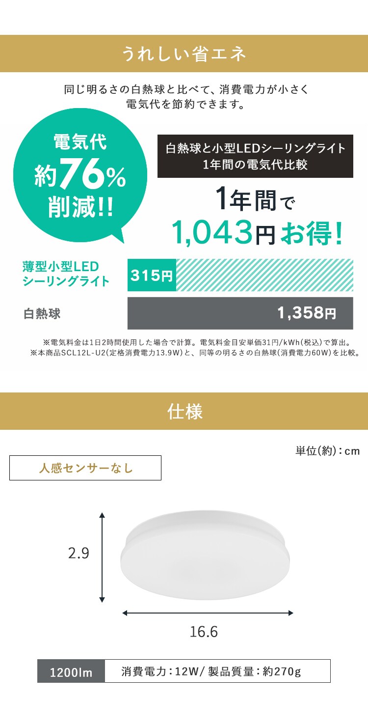 小型シーリングライト 薄形 1200lm 電球色 SCL12L-U24