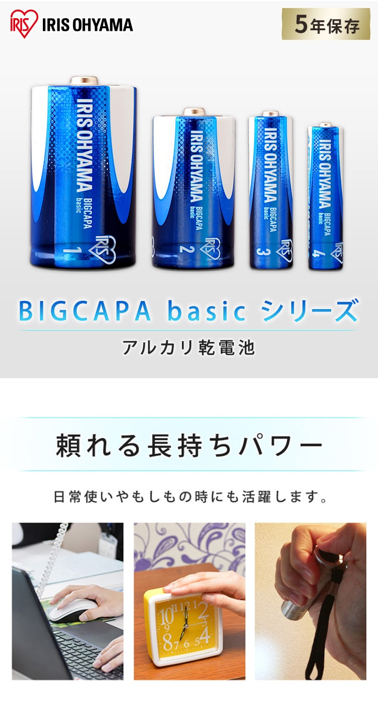 ゆうパケット》乾電池 単4 40本 単四 電池 BIGCAPA basic 単4形 20本パック×2 LR03Bb/20P 5年保証 アルカリ乾電池  1915491 │アイリスプラザ│アイリスオーヤマ公式通販サイト